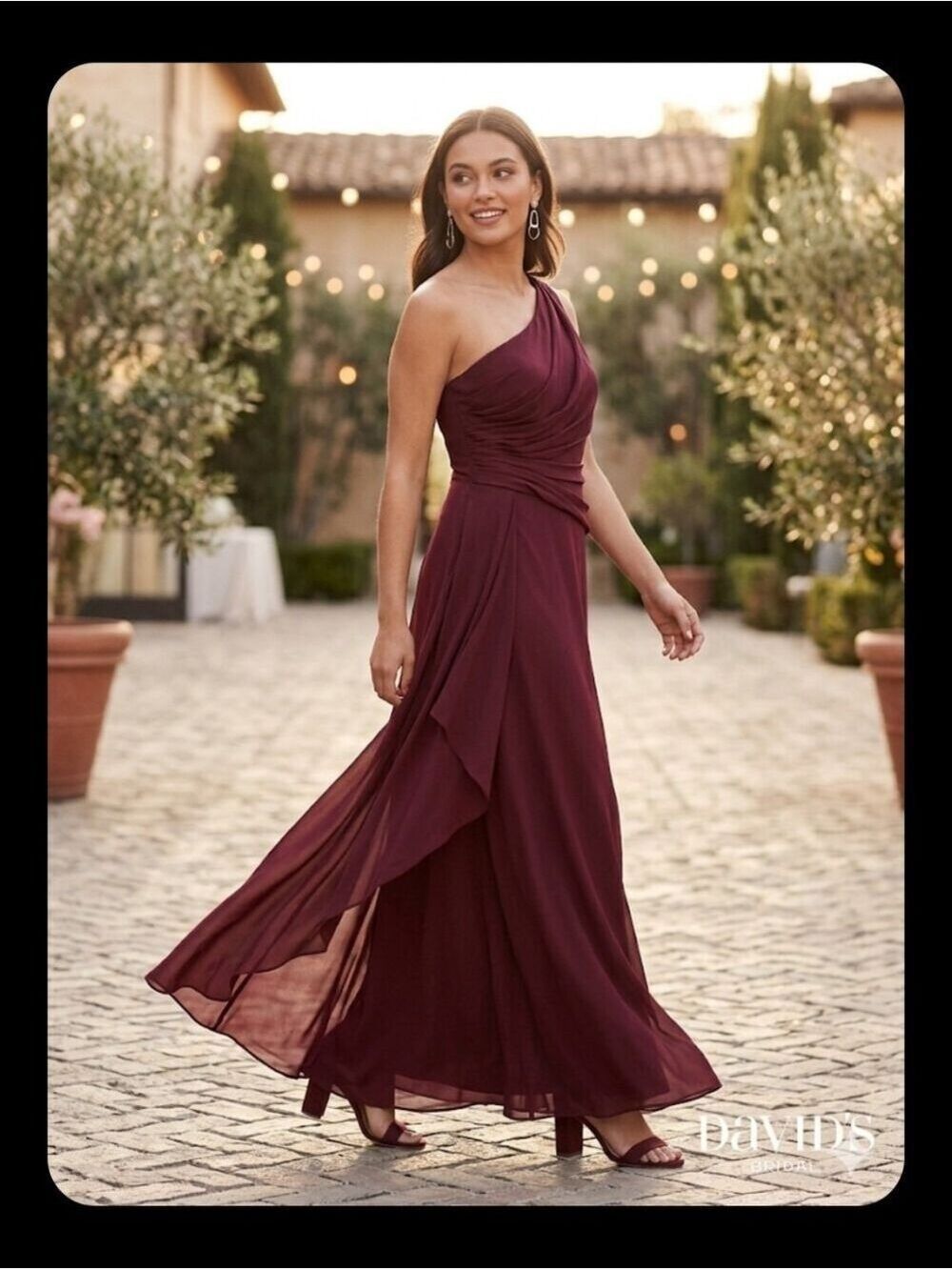 David’s Bridal F19832 One-Shoulder Georgette Cascade Dress - Wine - Size 6